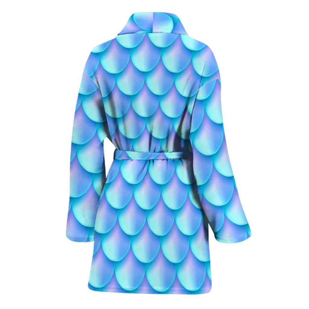 Blue Neon Mermaid Scales Pattern Print Women's Bathrobe