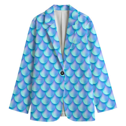 Blue Neon Mermaid Scales Pattern Print Women's Blazer