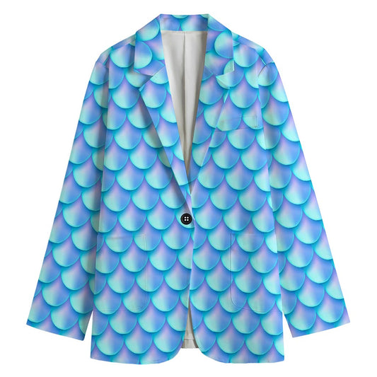 Blue Neon Mermaid Scales Pattern Print Women's Blazer