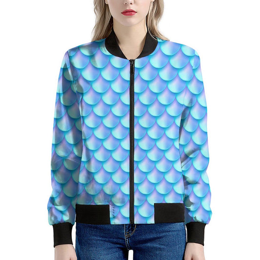 Blue Neon Mermaid Scales Pattern Print Women's Bomber Jacket