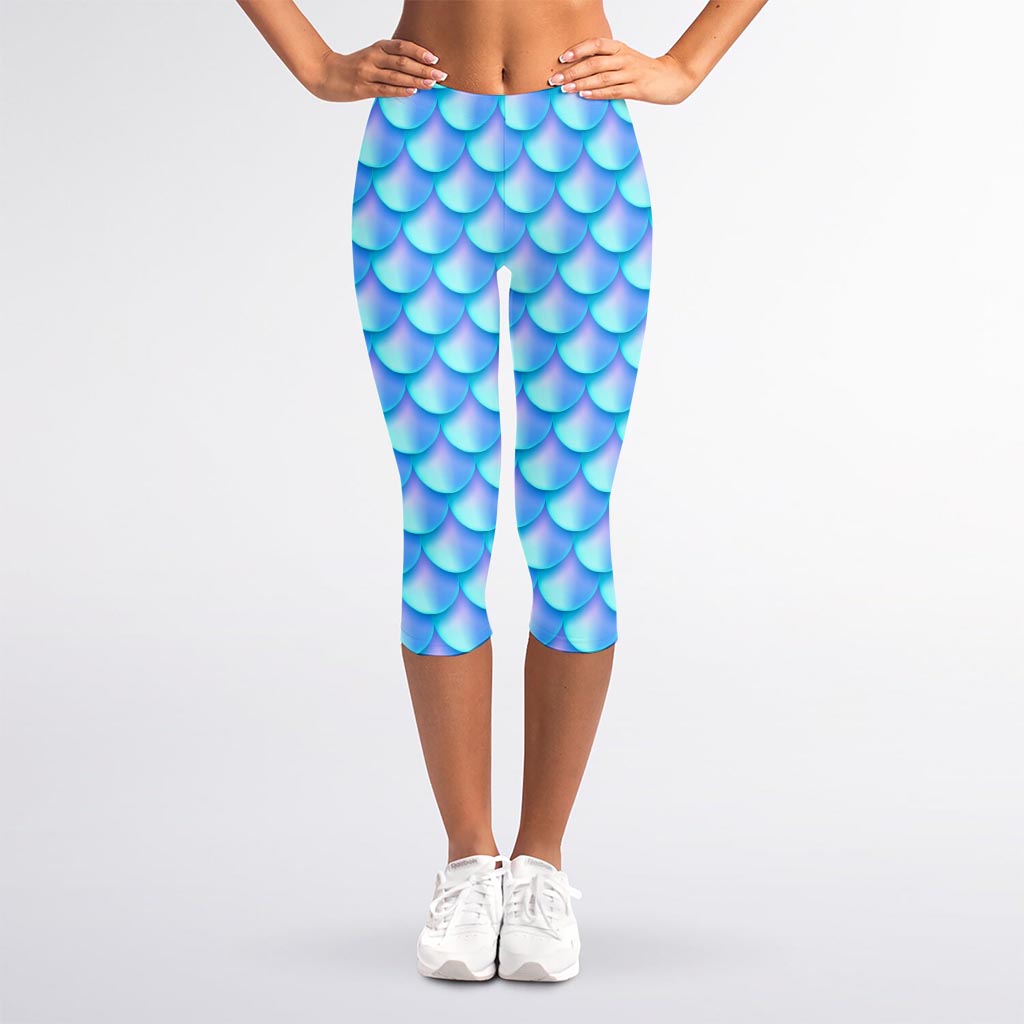 Blue Neon Mermaid Scales Pattern Print Women's Capri Leggings