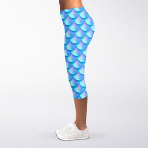 Blue Neon Mermaid Scales Pattern Print Women's Capri Leggings