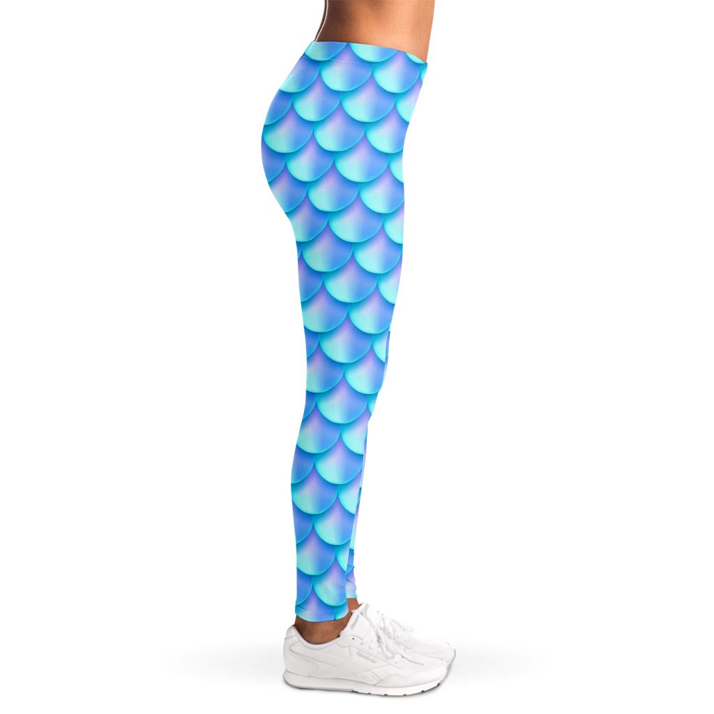 Blue Neon Mermaid Scales Pattern Print Women's Leggings