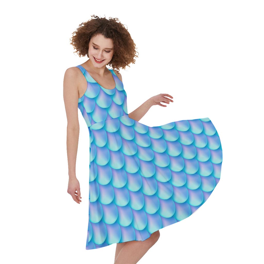Blue Neon Mermaid Scales Pattern Print Women's Sleeveless Dress