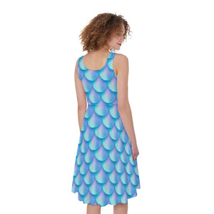 Blue Neon Mermaid Scales Pattern Print Women's Sleeveless Dress
