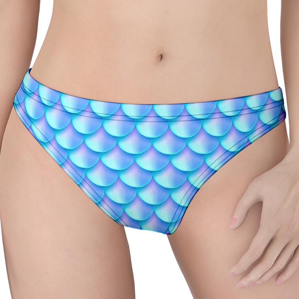 Blue Neon Mermaid Scales Pattern Print Women's Thong