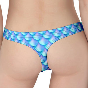 Blue Neon Mermaid Scales Pattern Print Women's Thong