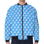 Blue Neon Mermaid Scales Pattern Print Zip Sleeve Bomber Jacket