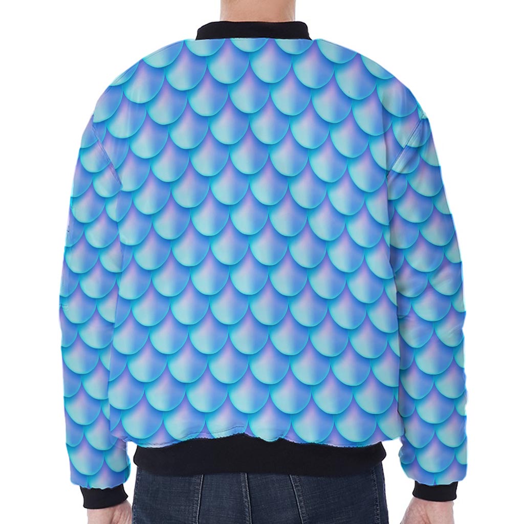 Blue Neon Mermaid Scales Pattern Print Zip Sleeve Bomber Jacket