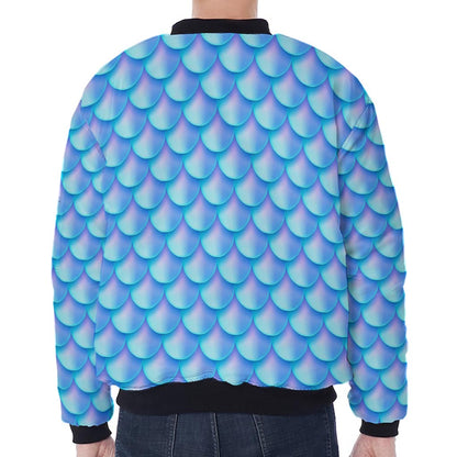 Blue Neon Mermaid Scales Pattern Print Zip Sleeve Bomber Jacket