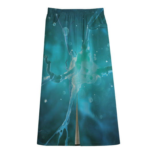 Blue Neurons In The Brain Print Cotton Front Slit Maxi Skirt