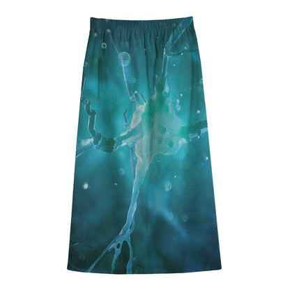 Blue Neurons In The Brain Print Cotton Front Slit Maxi Skirt