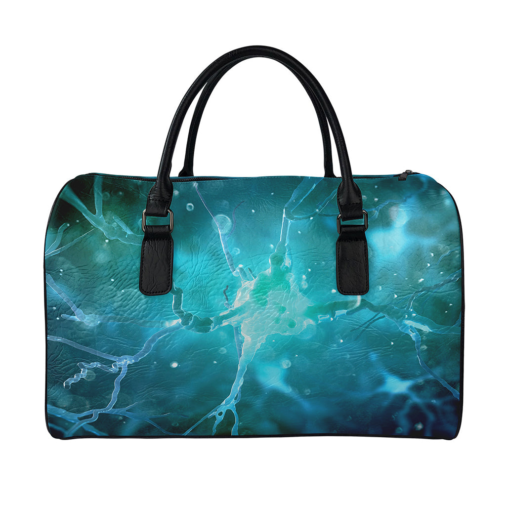 Blue Neurons In The Brain Print Leather Duffle Bag