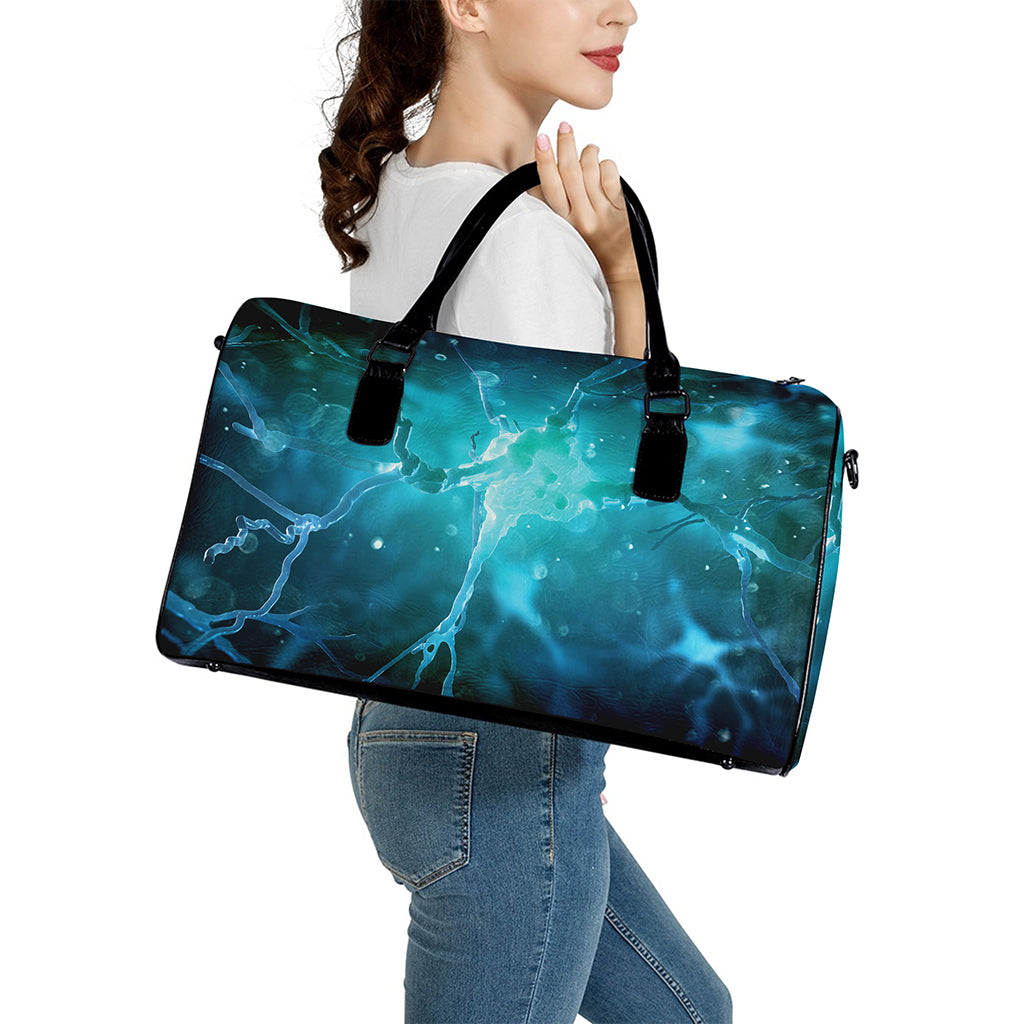 Blue Neurons In The Brain Print Leather Duffle Bag