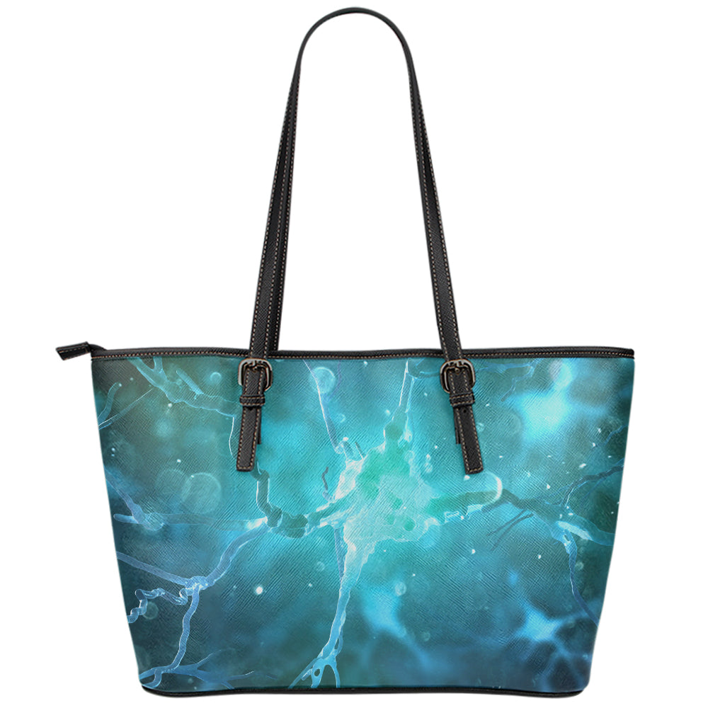 Blue Neurons In The Brain Print Leather Tote Bag