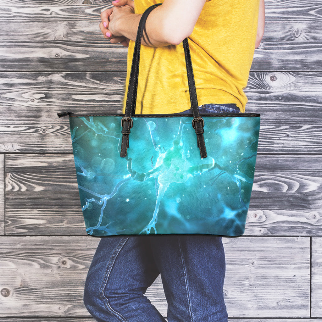 Blue Neurons In The Brain Print Leather Tote Bag