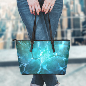 Blue Neurons In The Brain Print Leather Tote Bag