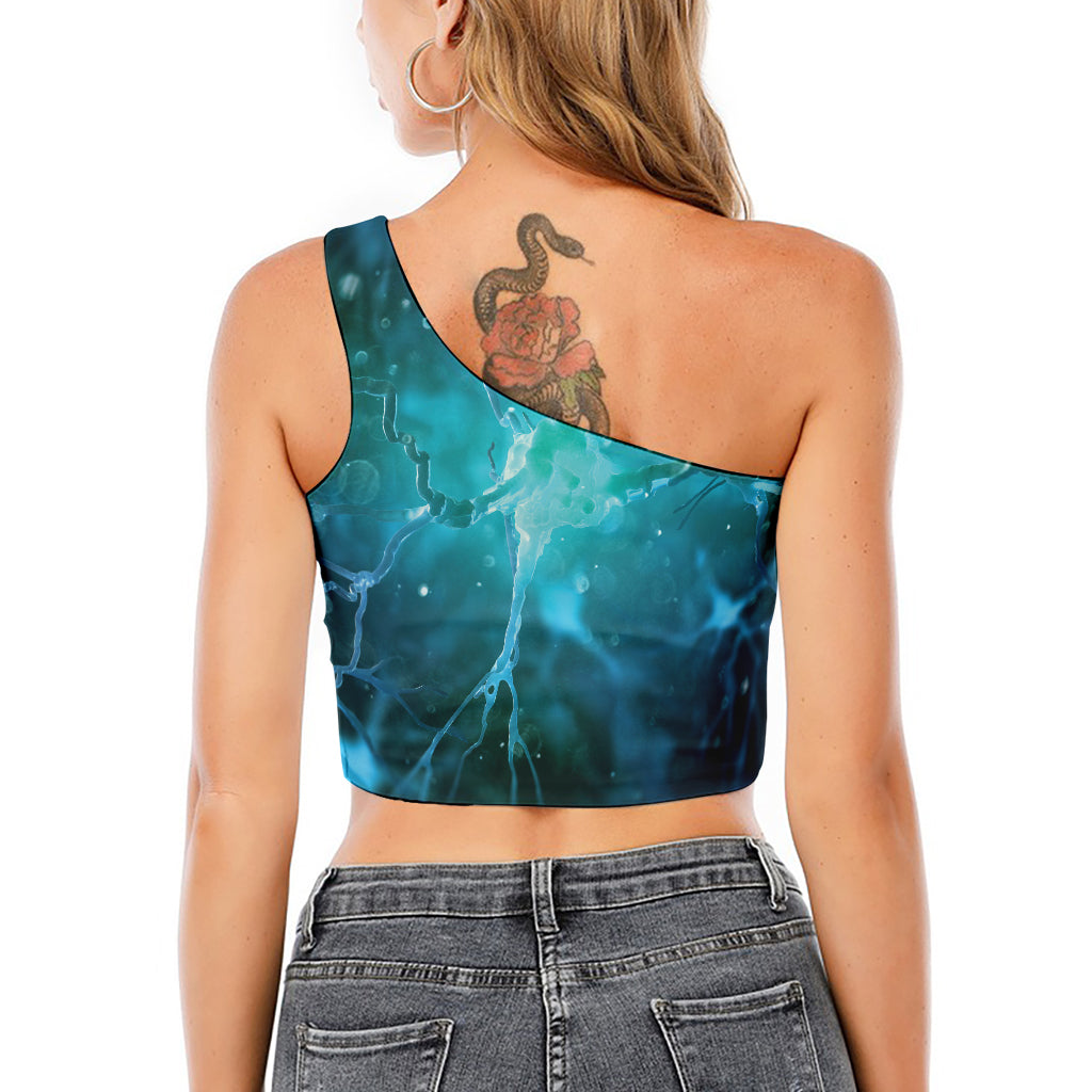 Blue Neurons In The Brain Print One Shoulder Crop Top