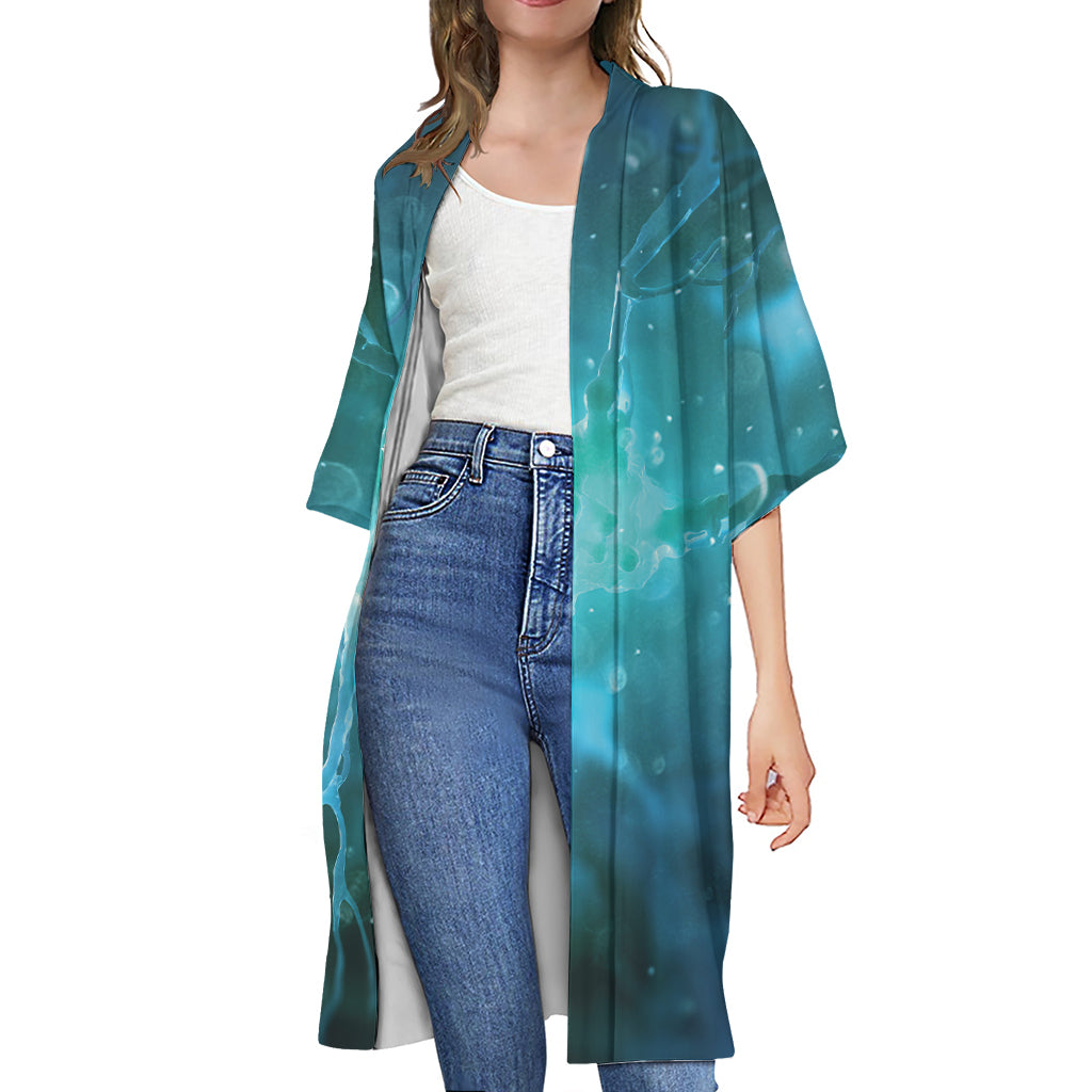 Blue Neurons In The Brain Print Open Front Beach Cover Up