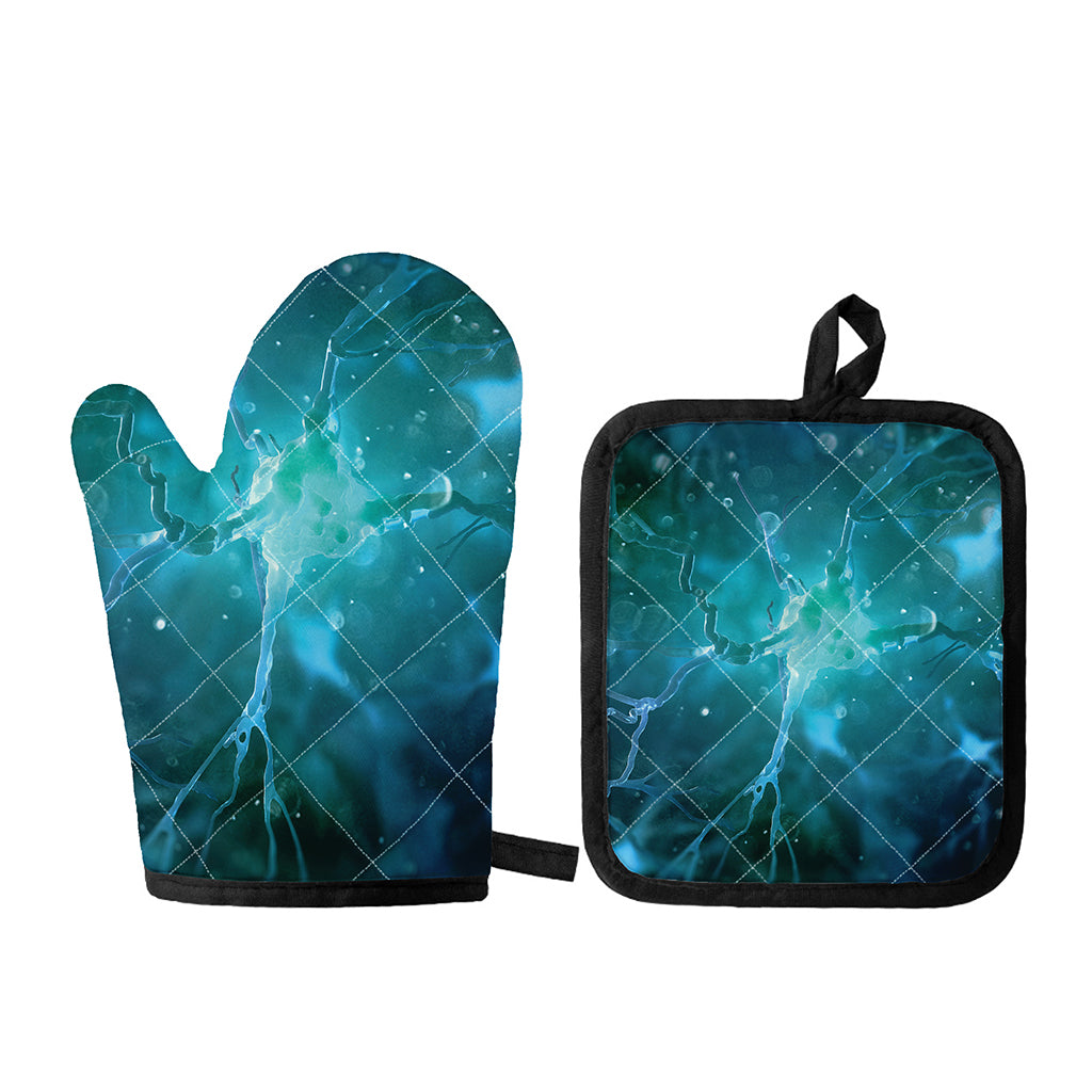 Blue Neurons In The Brain Print Oven Mitt And Pot Holder Set