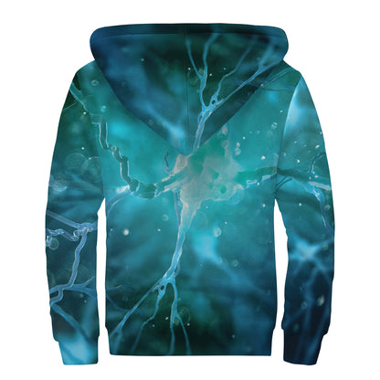 Blue Neurons In The Brain Print Sherpa Lined Zip Up Hoodie