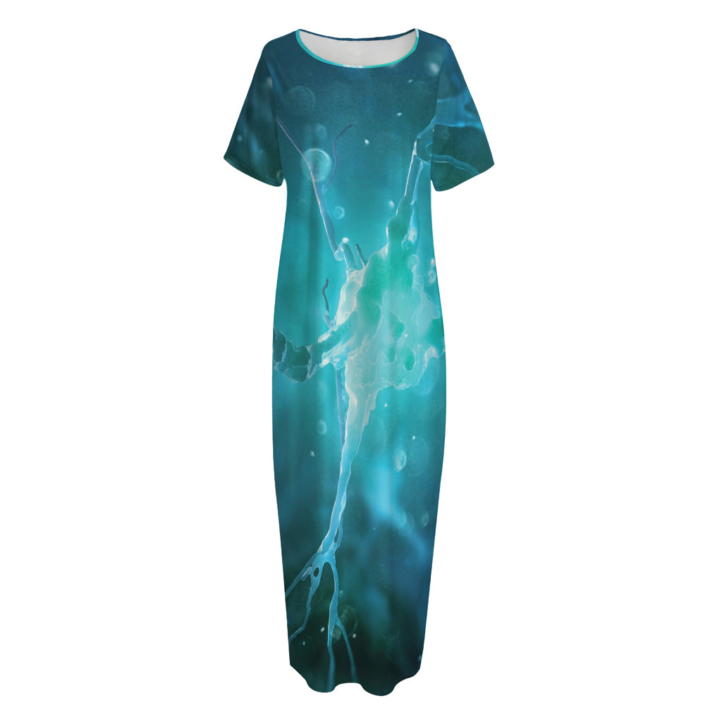 Blue Neurons In The Brain Print Short Sleeve Long Nightdress