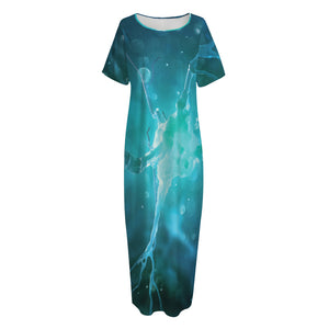 Blue Neurons In The Brain Print Short Sleeve Long Nightdress