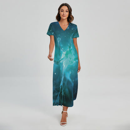 Blue Neurons In The Brain Print Short Sleeve Maxi Dress