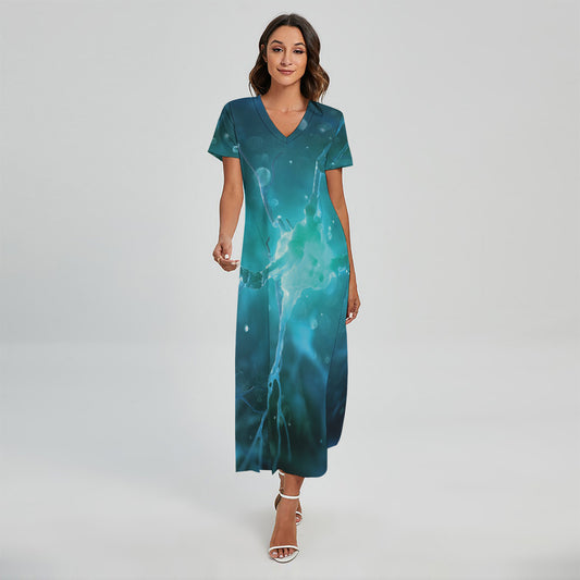 Blue Neurons In The Brain Print Short Sleeve Maxi Dress