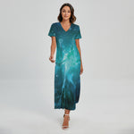 Blue Neurons In The Brain Print Short Sleeve Maxi Dress