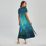 Blue Neurons In The Brain Print Short Sleeve Maxi Dress