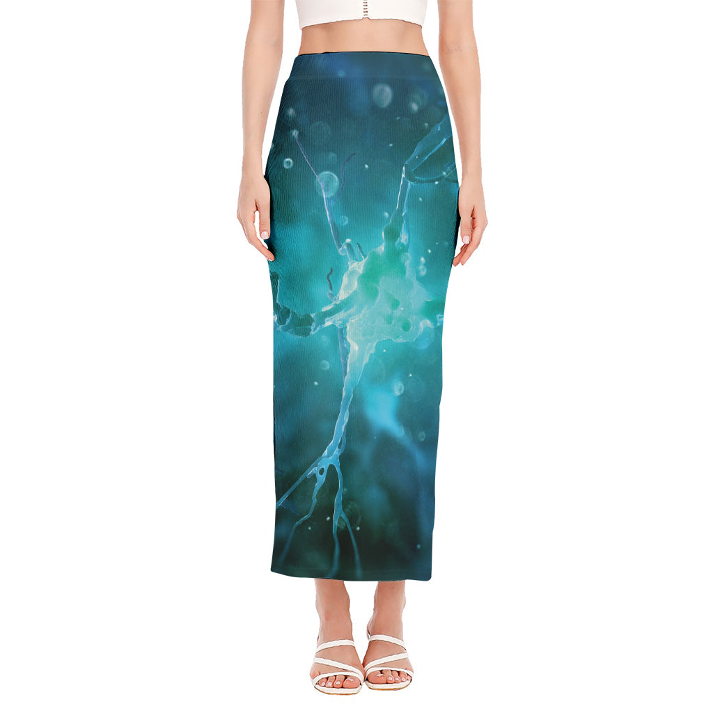 Blue Neurons In The Brain Print Side Slit Maxi Skirt