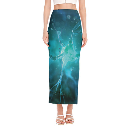 Blue Neurons In The Brain Print Side Slit Maxi Skirt