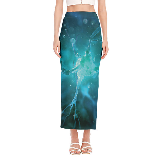 Blue Neurons In The Brain Print Side Slit Maxi Skirt