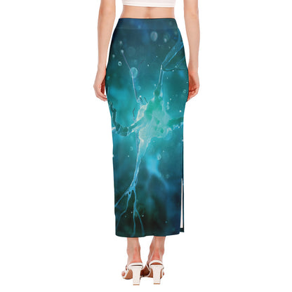 Blue Neurons In The Brain Print Side Slit Maxi Skirt