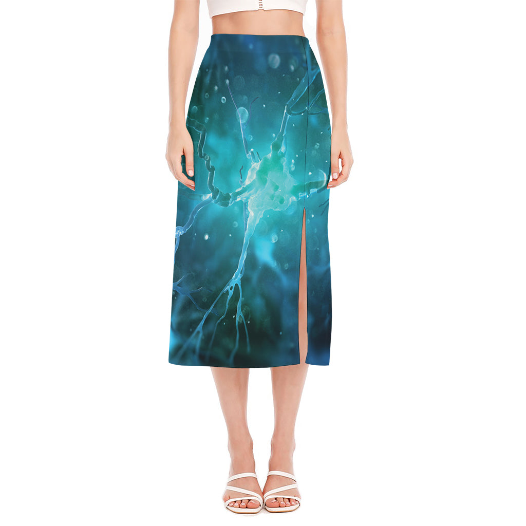 Blue Neurons In The Brain Print Side Slit Midi Skirt