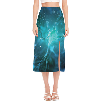 Blue Neurons In The Brain Print Side Slit Midi Skirt
