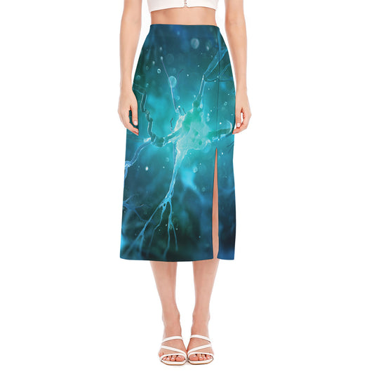 Blue Neurons In The Brain Print Side Slit Midi Skirt
