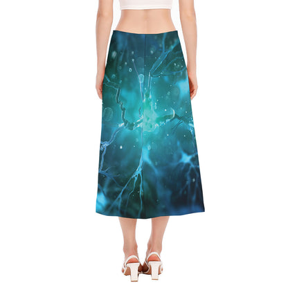 Blue Neurons In The Brain Print Side Slit Midi Skirt