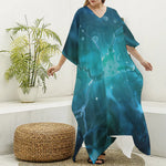 Blue Neurons In The Brain Print Silk V-Neck Kaftan Dress