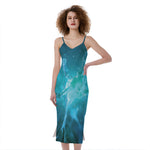 Blue Neurons In The Brain Print Slim Fit Midi Cami Dress