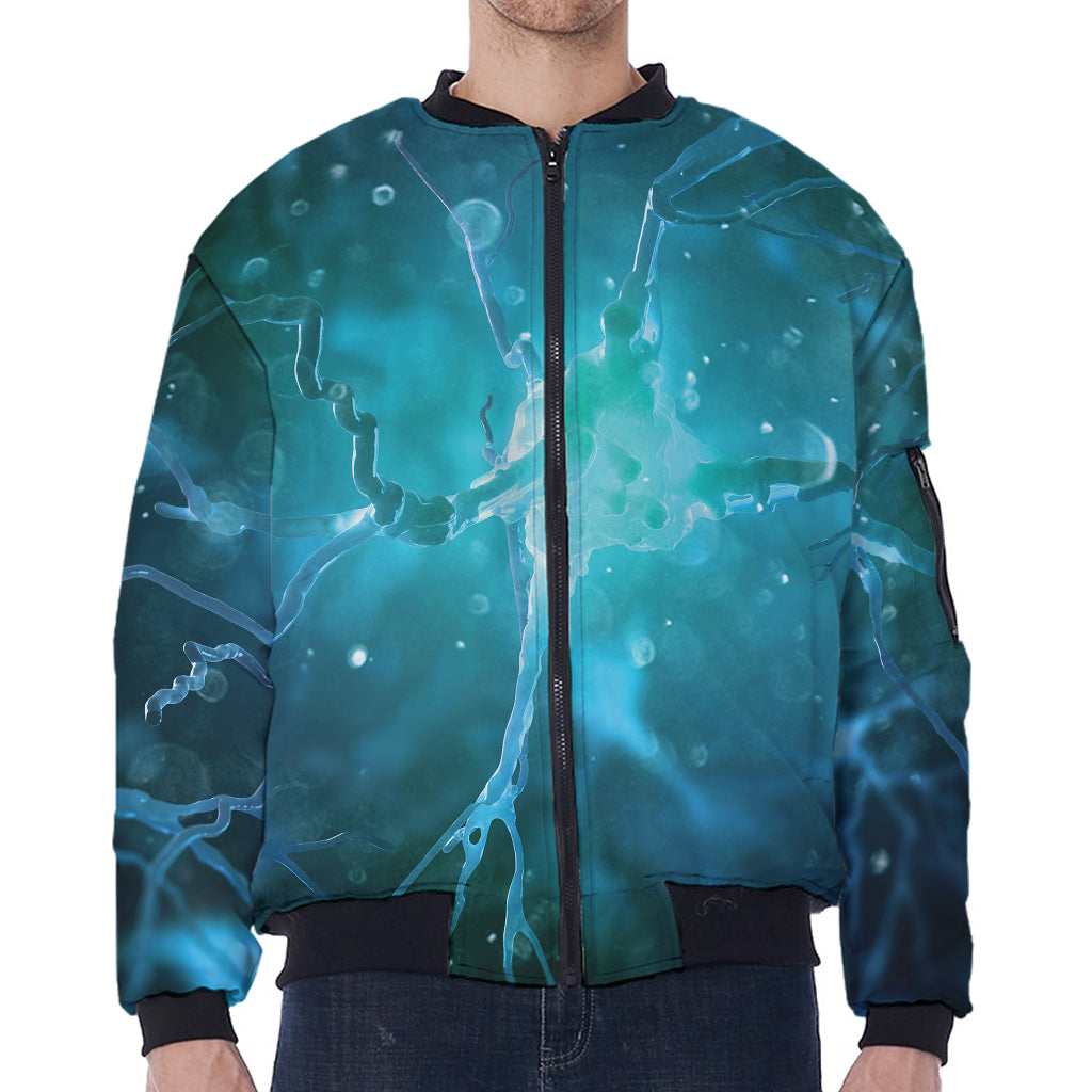 Blue Neurons In The Brain Print Zip Sleeve Bomber Jacket