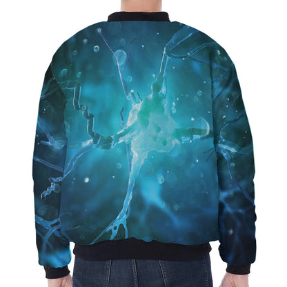 Blue Neurons In The Brain Print Zip Sleeve Bomber Jacket