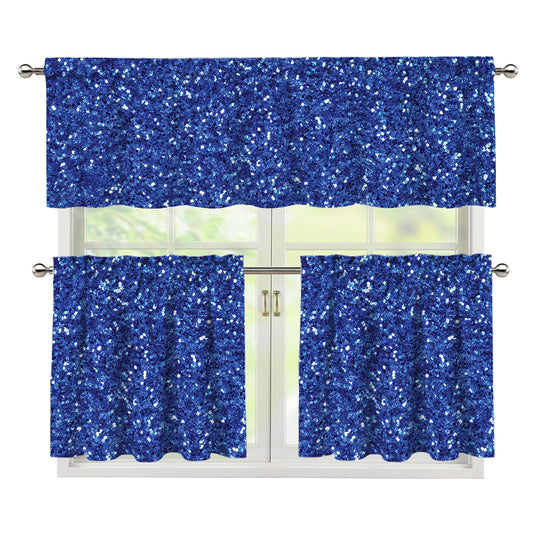 Blue (NOT Real) Glitter Print 3 Piece Kitchen Curtains