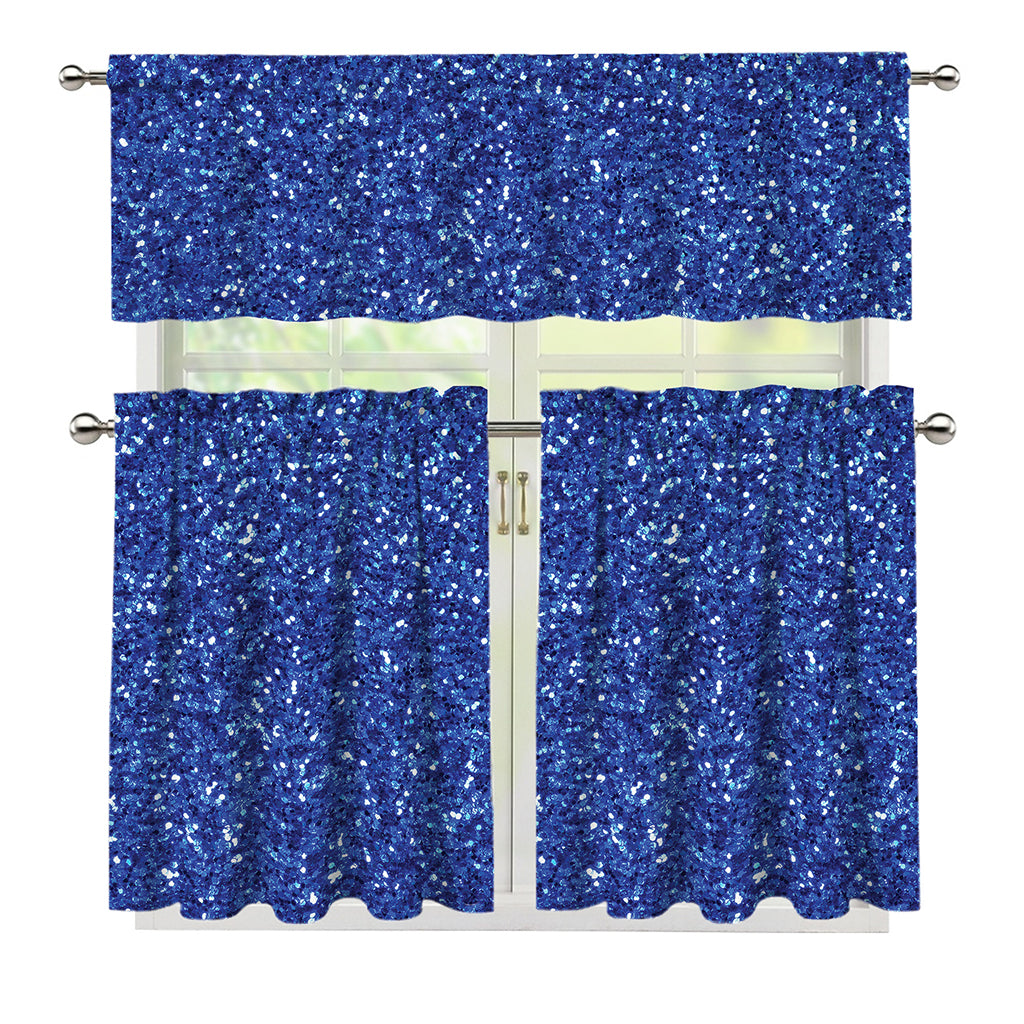 Blue (NOT Real) Glitter Print 3 Piece Kitchen Curtains