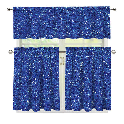 Blue (NOT Real) Glitter Print 3 Piece Kitchen Curtains