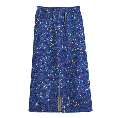 Blue (NOT Real) Glitter Print Cotton Front Slit Maxi Skirt
