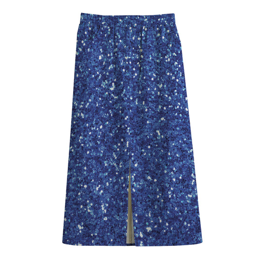 Blue (NOT Real) Glitter Print Cotton Front Slit Maxi Skirt