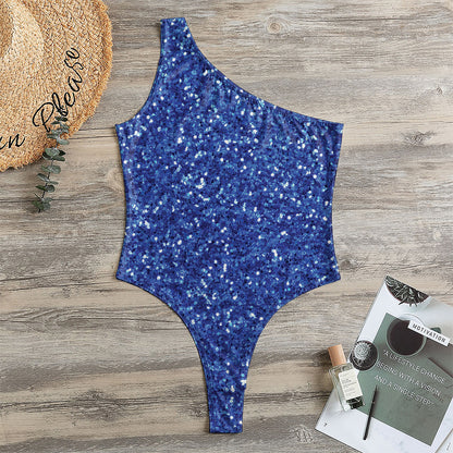 Blue (NOT Real) Glitter Print One Shoulder Bodysuit