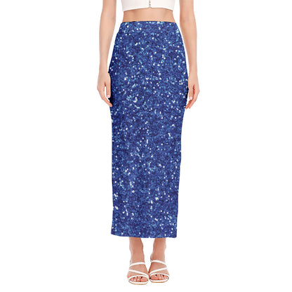Blue (NOT Real) Glitter Print Side Slit Maxi Skirt